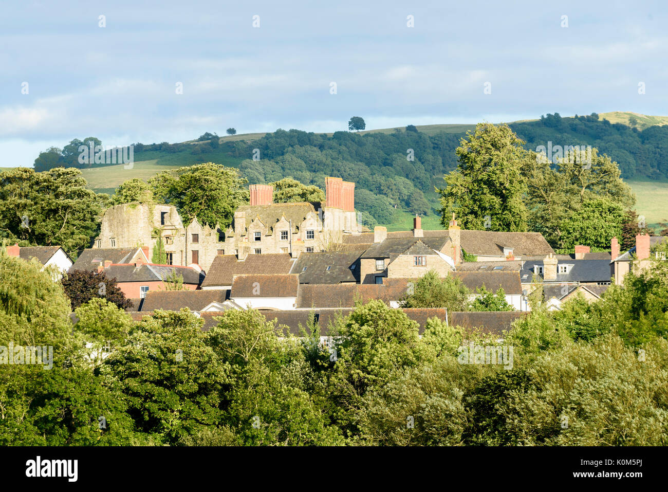 Abandoned castle and houses at Hay on Wye, a small town on the border of England and Wales. Stock Photo