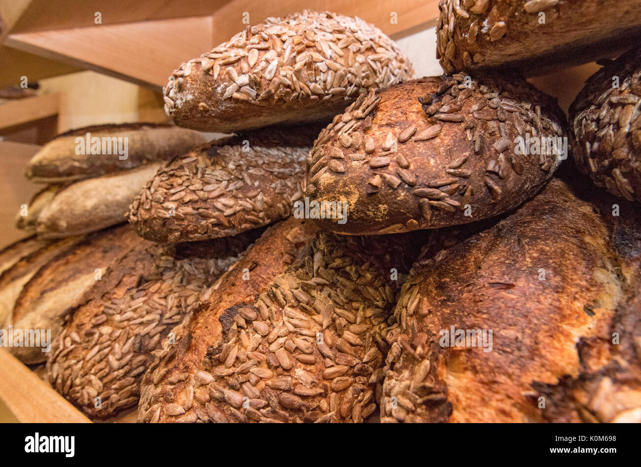 Freshly baked Sourdough breads in a bakery in Sydney, Australia in the early morning before opening time Stock Photo
