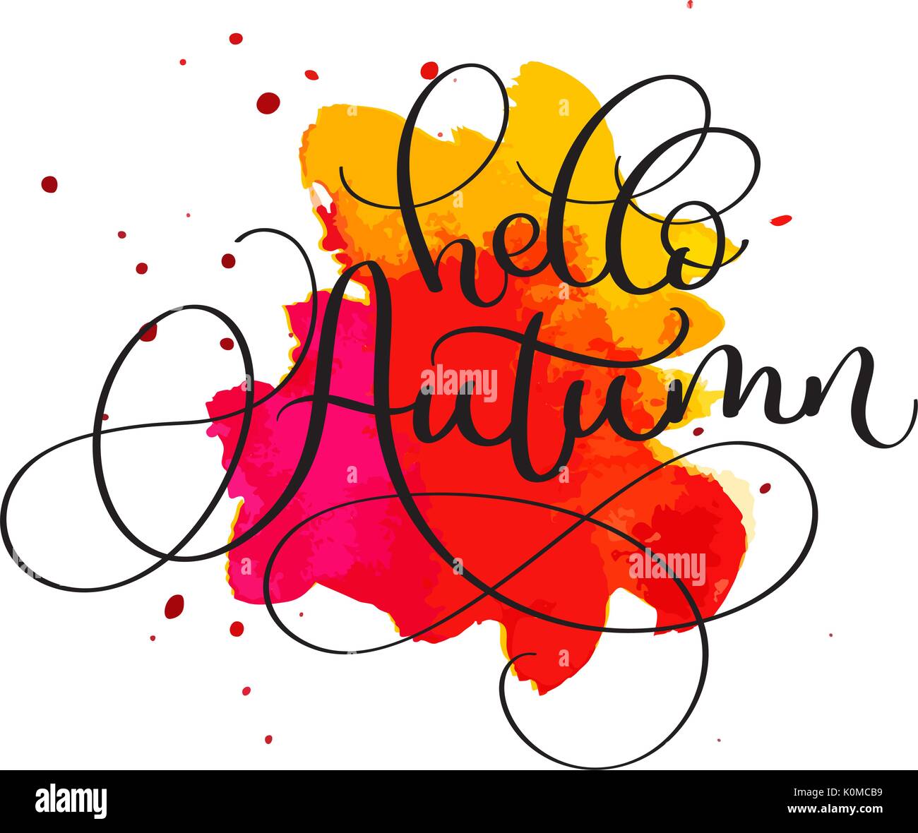 Hello autumn text on red and orange blot background. Hand drawn ...