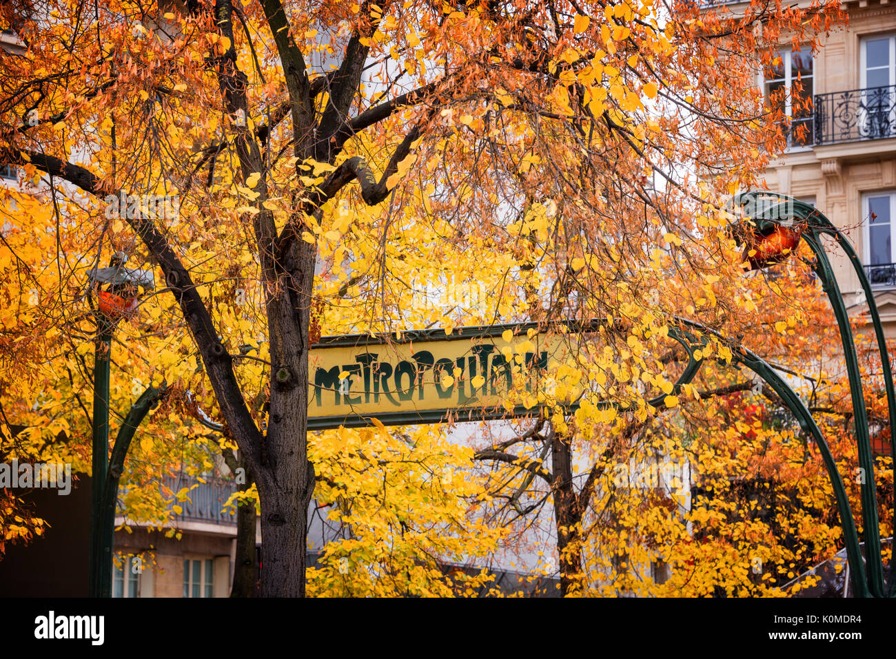 Paris Art nouveau Metropolitain sign in autumn Stock Photo
