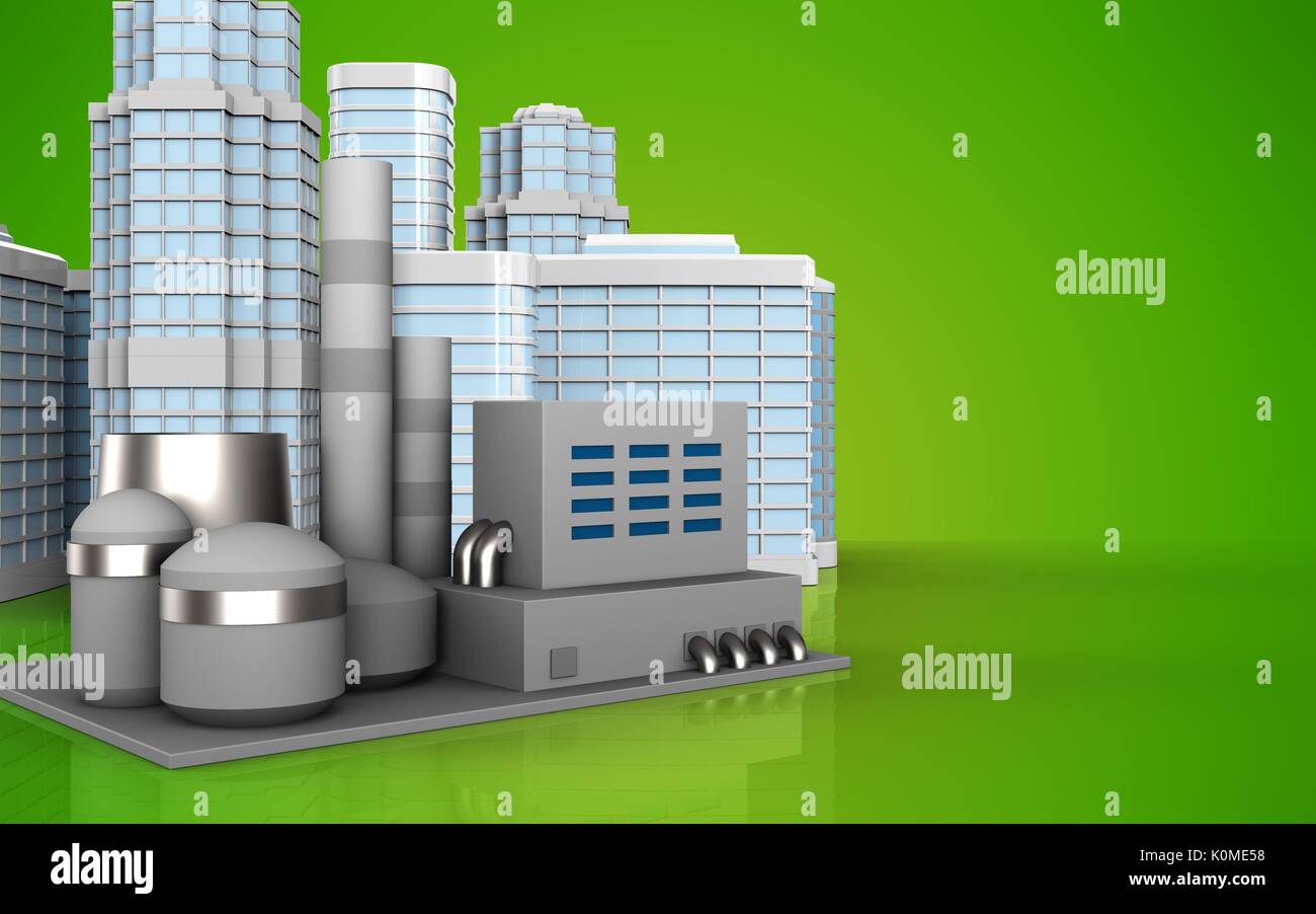 3d illustration of factory with urban scene over green background Stock ...