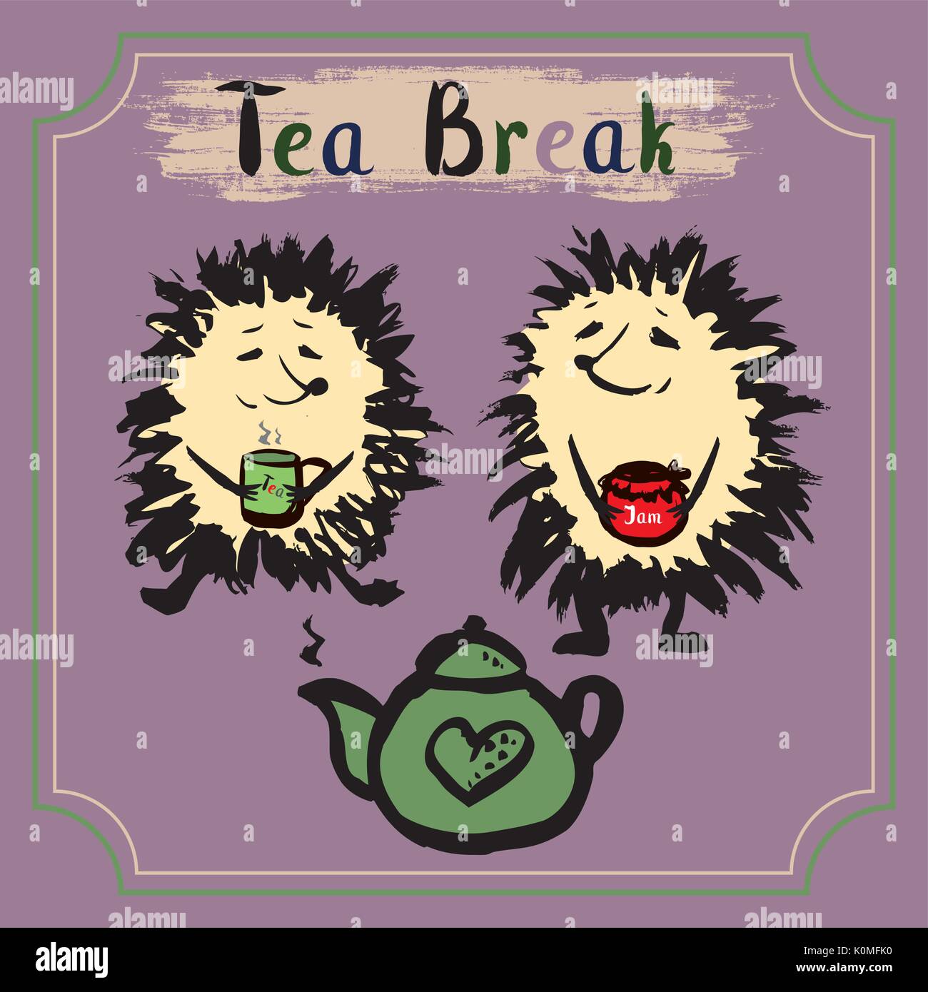 Tea break. Two hedgehog with a mug of tea, tea and jam. Hand drawn vector Stock Vector