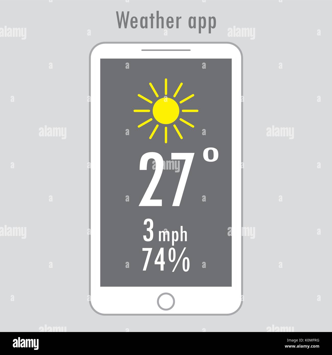Modern white smartphone with weather app on the screen. Flat design template for mobile apps, Vector illustration. Stock Vector