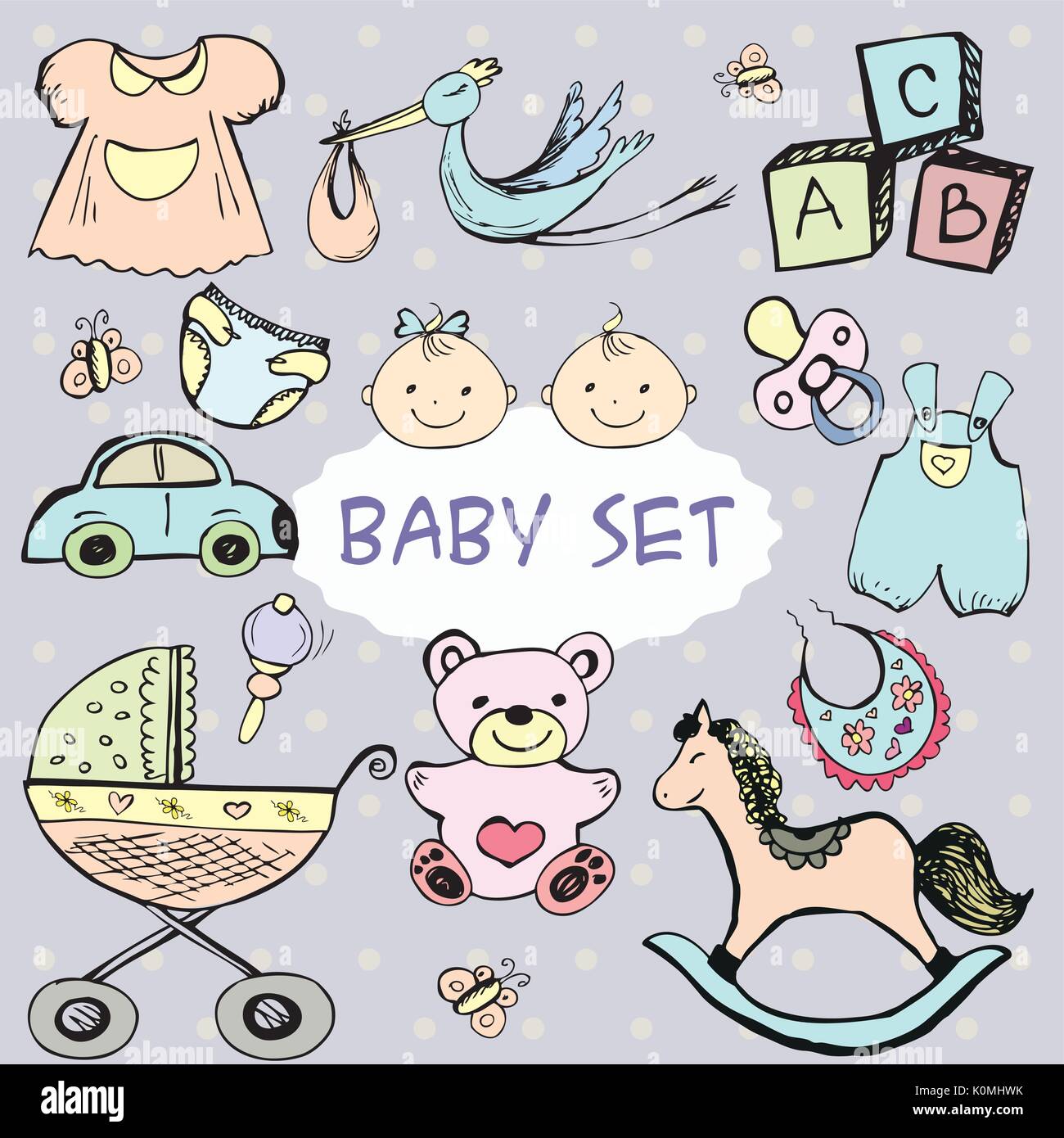 Newborn baby set with cute icons. Stock Vector