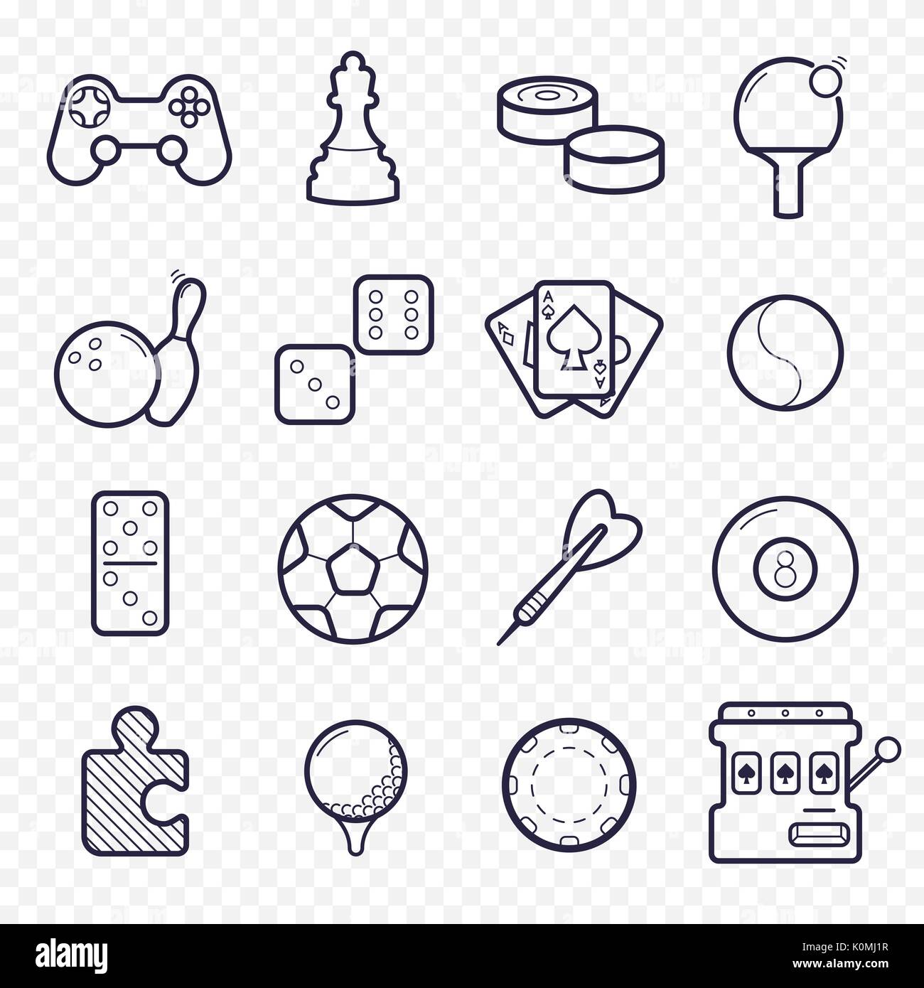 Games linear icons. Ping-pong, golf, billiards, darts leisure activities. Gambling, sport game line icons. Stock Vector