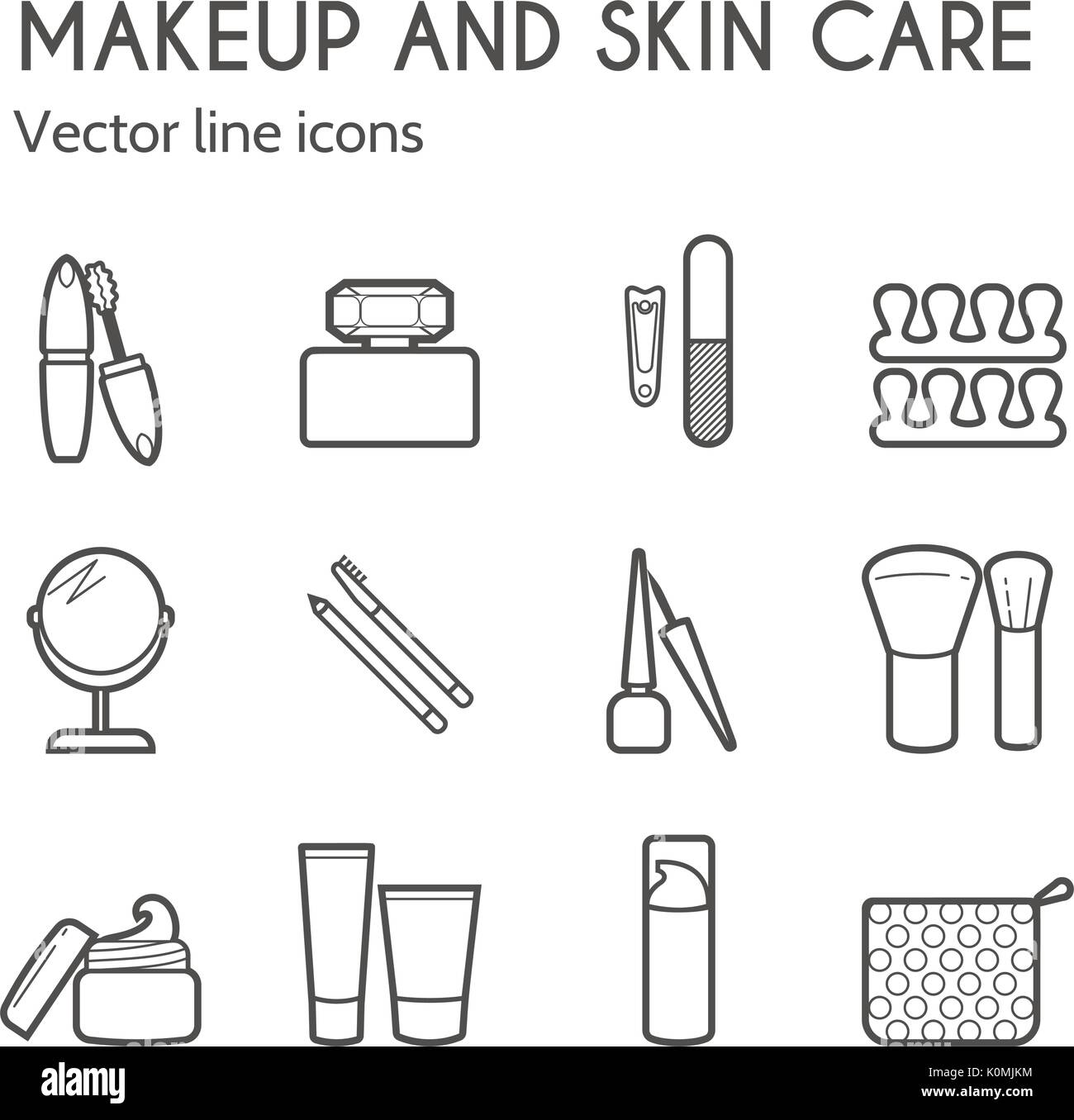 Vector cosmetic icons. Mascara, brush, perfume, cream and other make-up items. Makeup thin linear signs for manicure, pedicure and Visage. Stock Vector