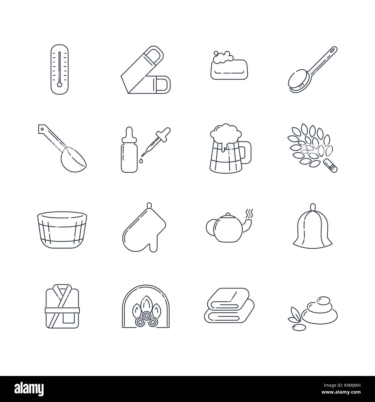 Spa, sauna linear icons. Washcloth, soap, ladle, aromatic oil, beer, broom for a bath and other accessories for spa relaxation. Health and body care thin line icons Stock Vector