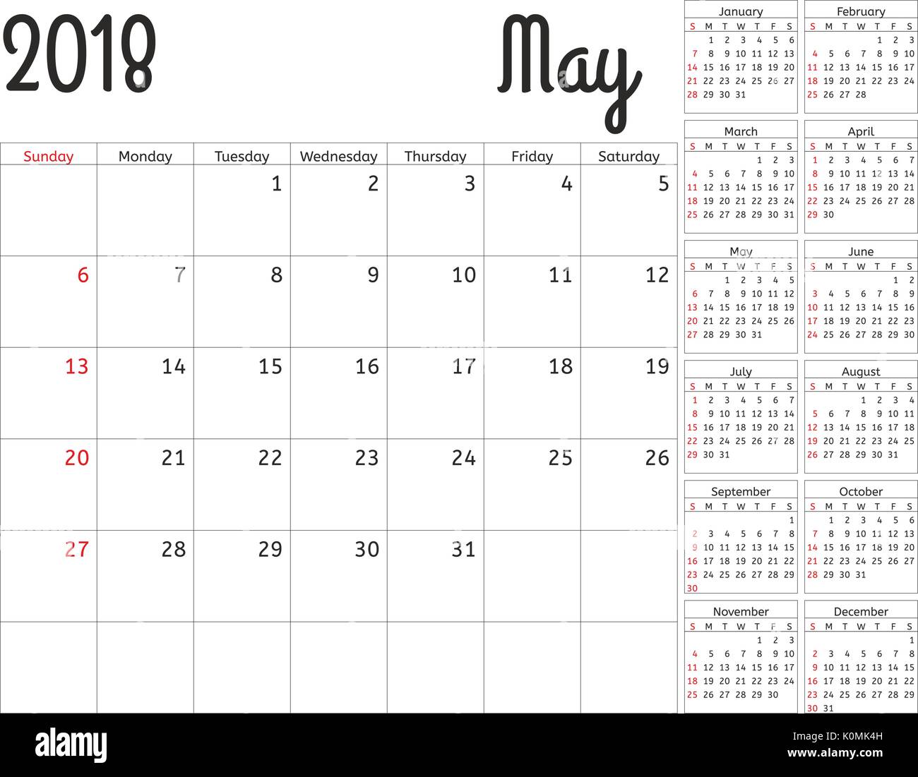 Simple calendar planner for 2018 year. Vector design May template. Set ...