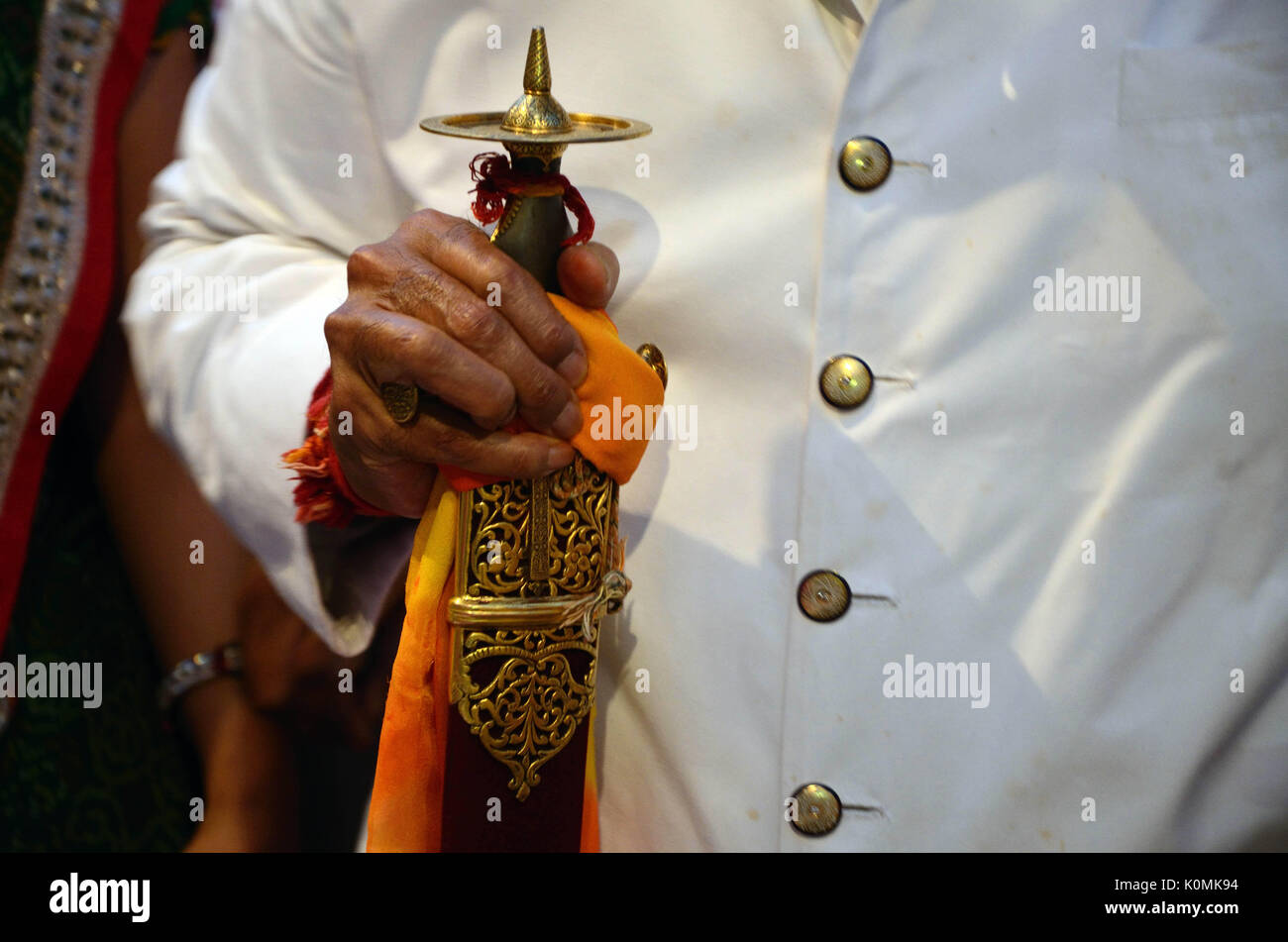Gaj Singh holding sword gangaur festival jodhpur rajasthan, India, Asia Stock Photo