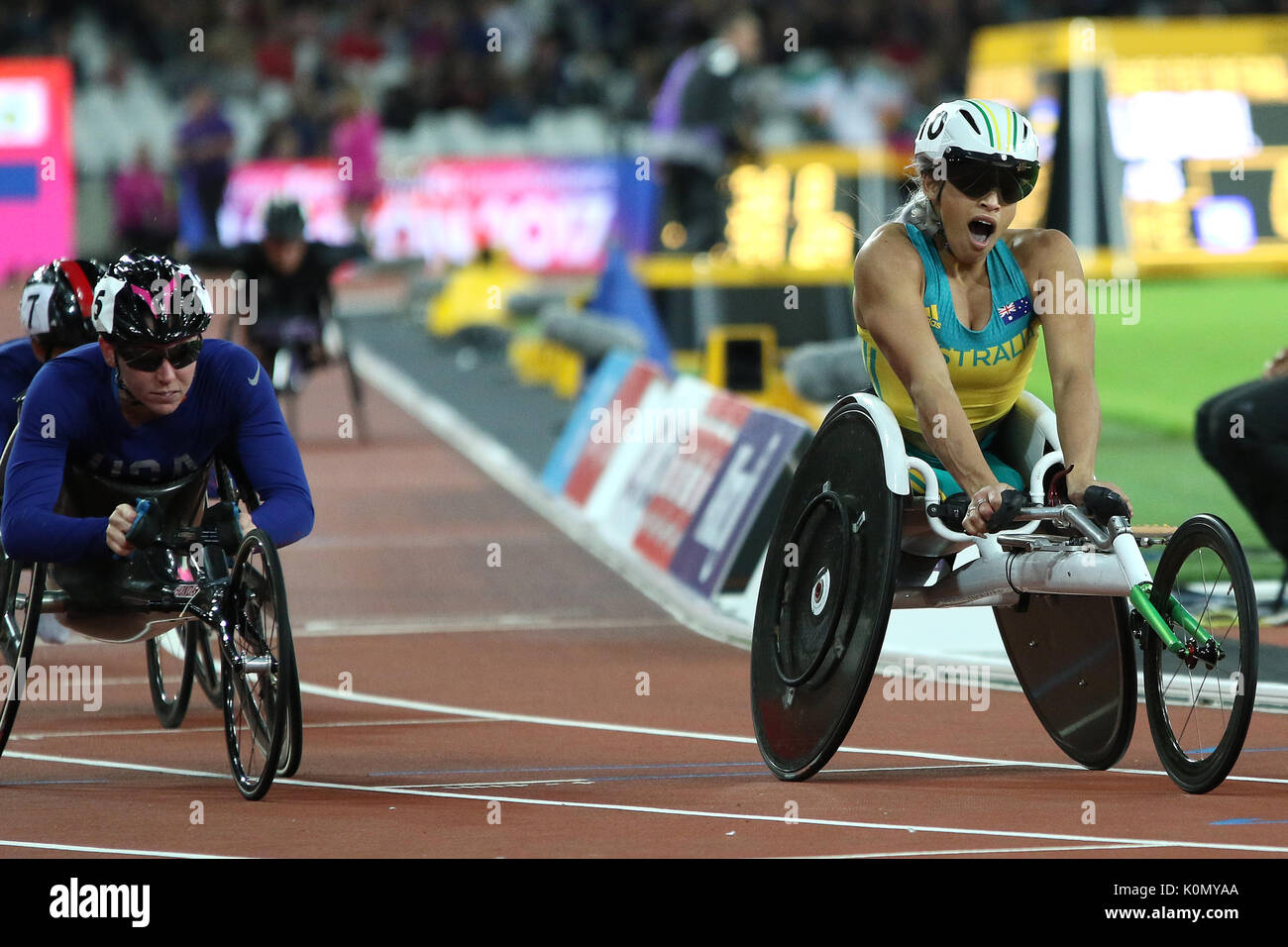 Madison de ROZARIO of Australia wins gold in the Women's 5000 m T54 Final at the World Para Championships in London 2017 Stock Photo