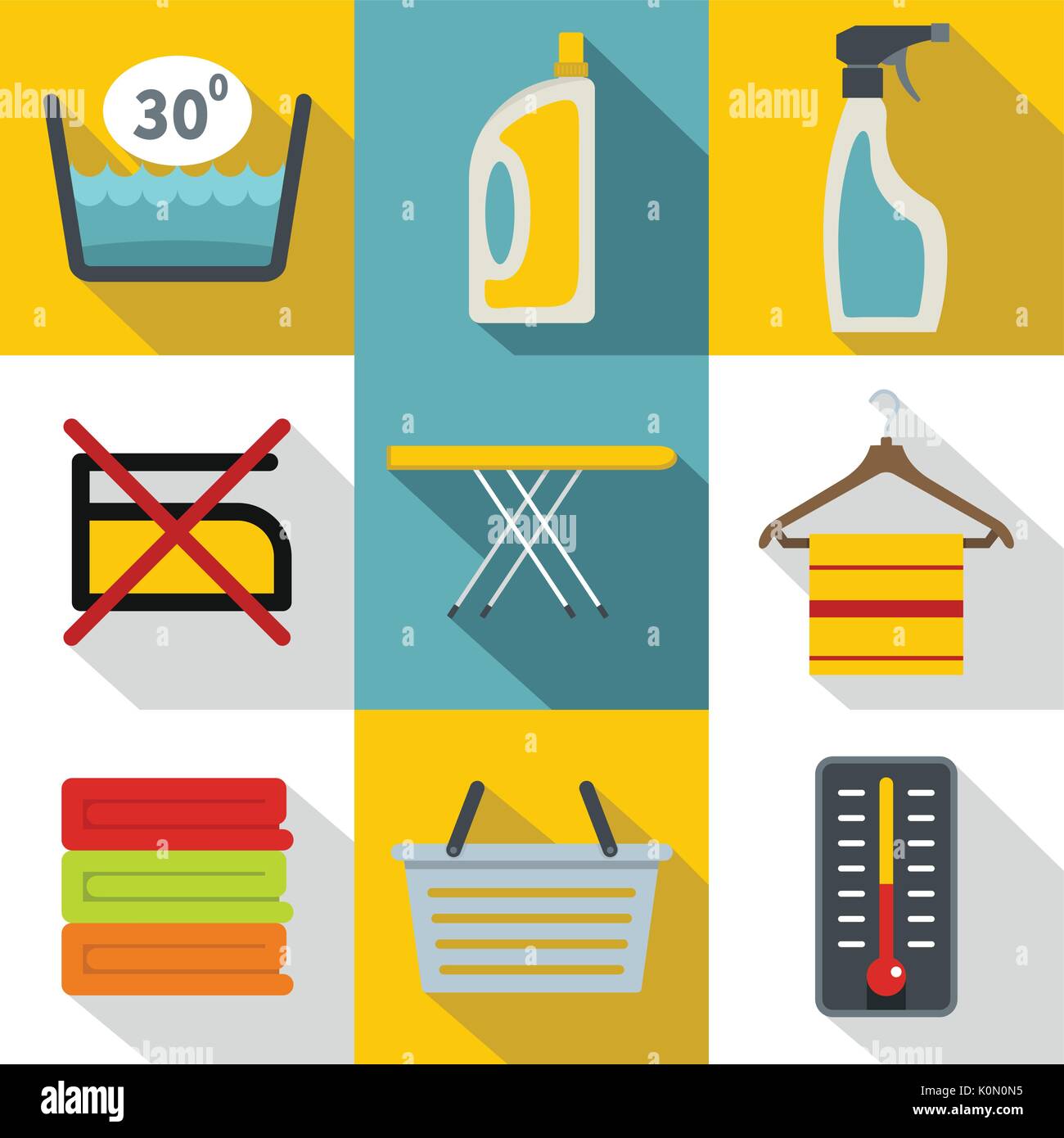 Washing dirty clothes icons set, flat style Stock Vector