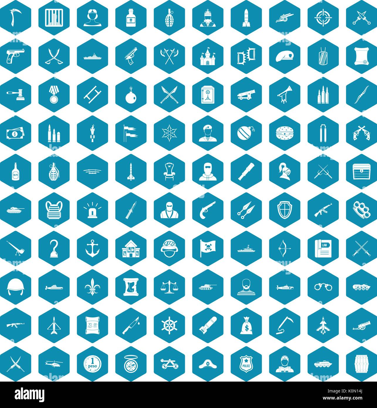 100 weapons icons sapphirine violet Stock Vector