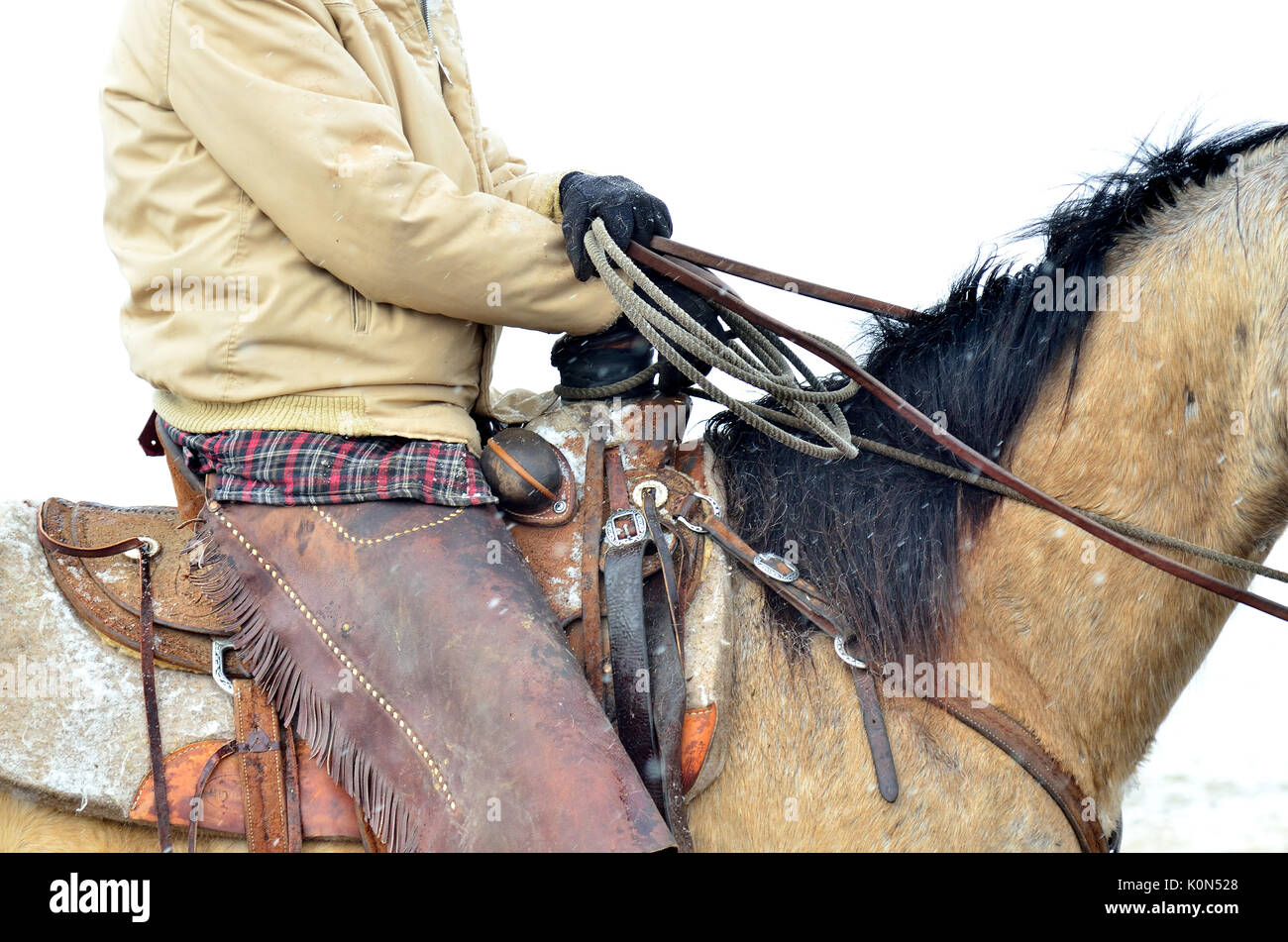 Ranch worker seated on horse on snowy day. Stock Photo