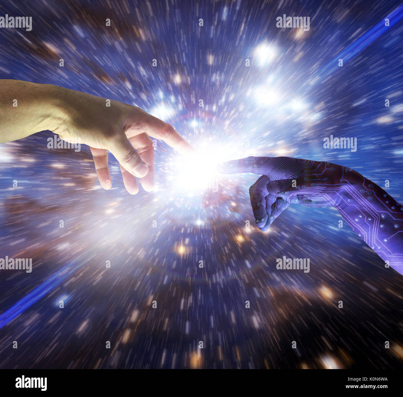 AI Artificial Intelligence hand of god reaches to human fingers