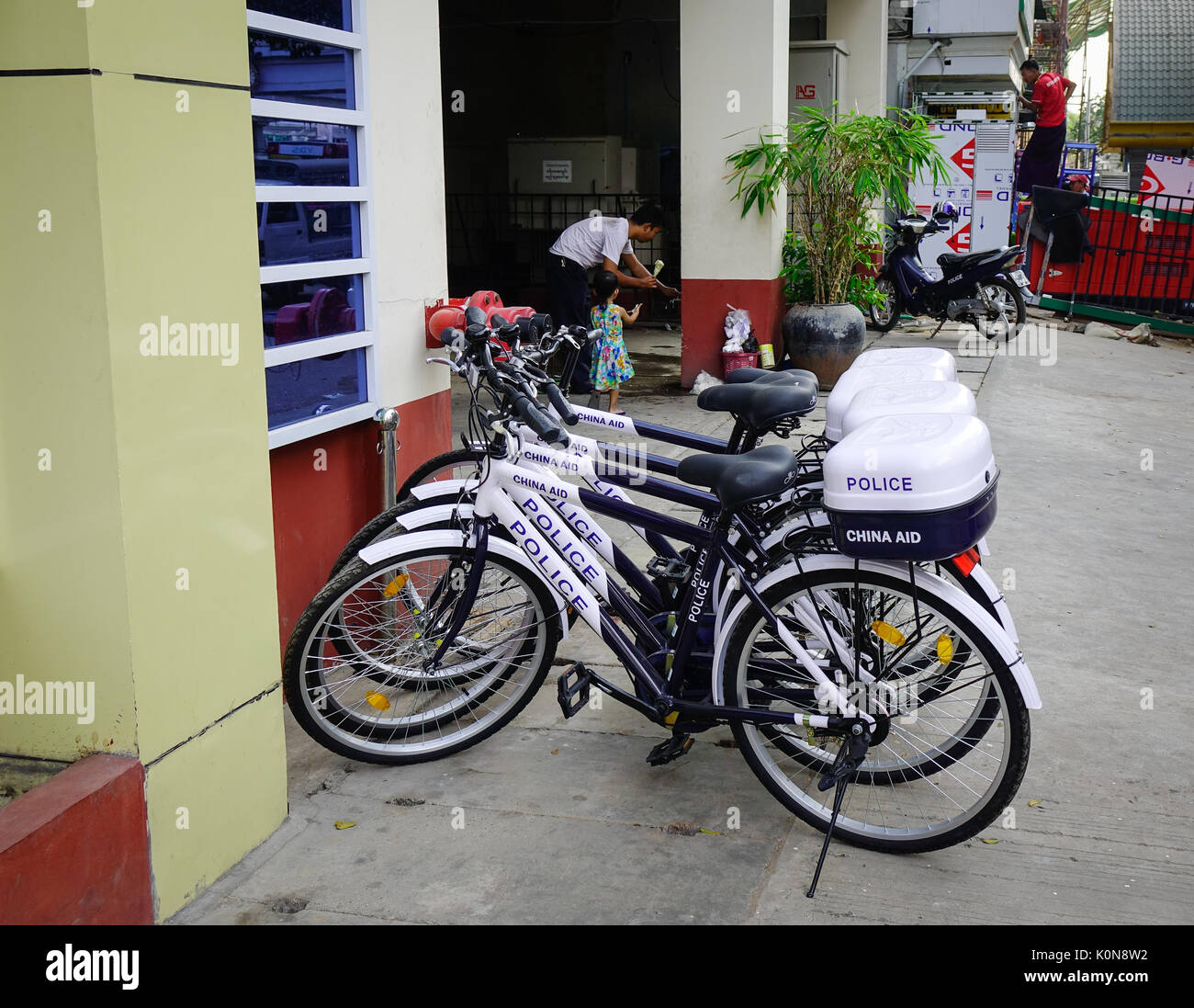Yangon, Myanmar Feb 13, 2017. The Police bicycles on street in Yangon
