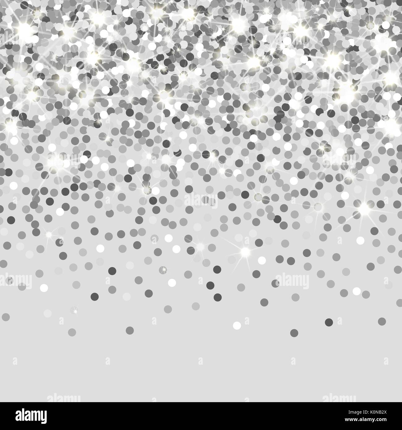 Falling silver particles on a black background. Scattered silver confetti. Rich luxury fashion backdrop. Bright shining glitter. Round dots. Stock Vector