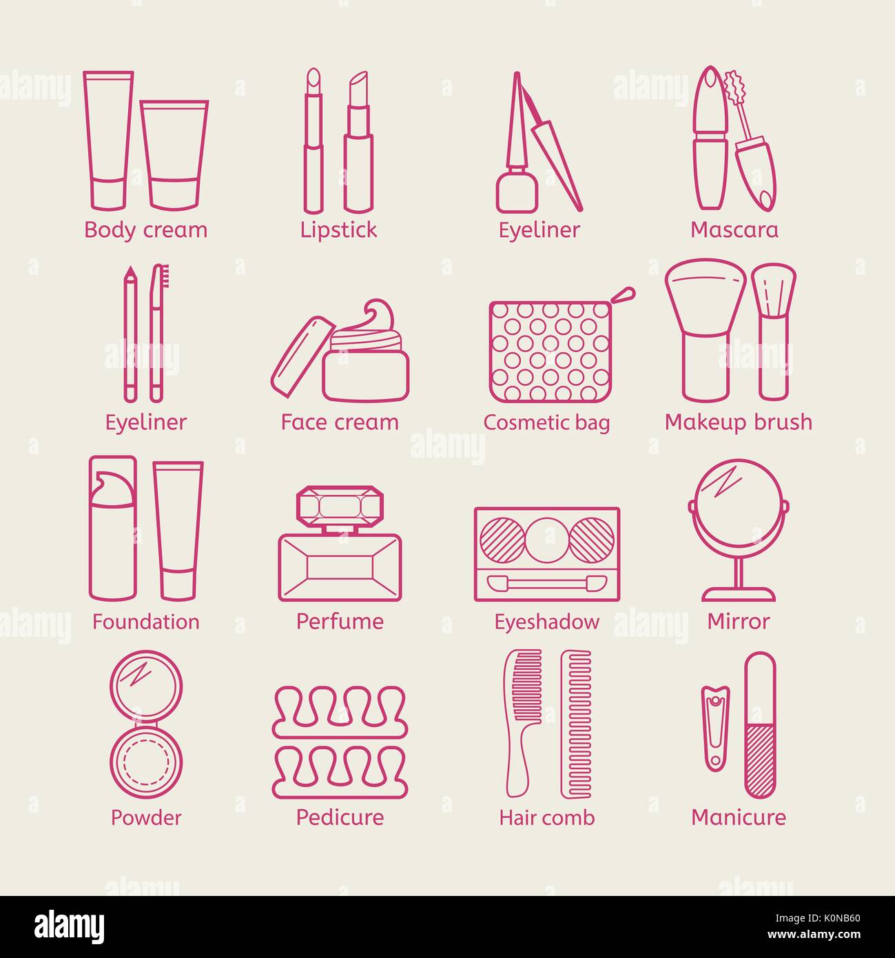 Vector cosmetic icons. Mascara, lipstick, powder, eye shadow, perfume, cream and other make-up items. Makeup thin linear signs for manicure, pedicure and Visage. Stock Vector