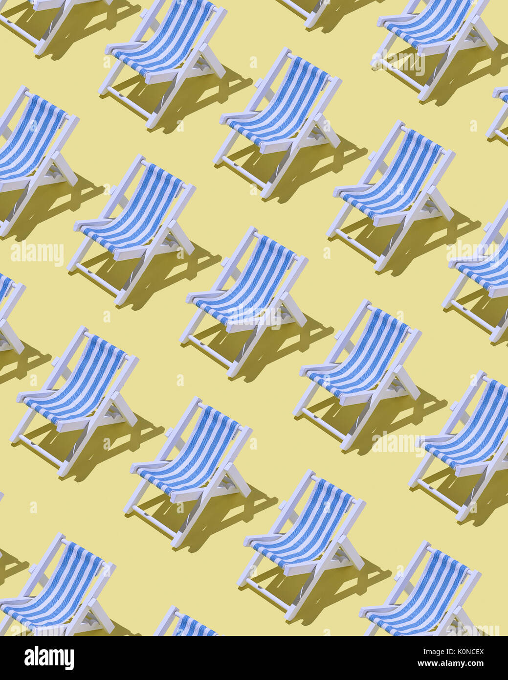 Rows of beach chairs on yellow ground, 3D Rendering Stock Photo