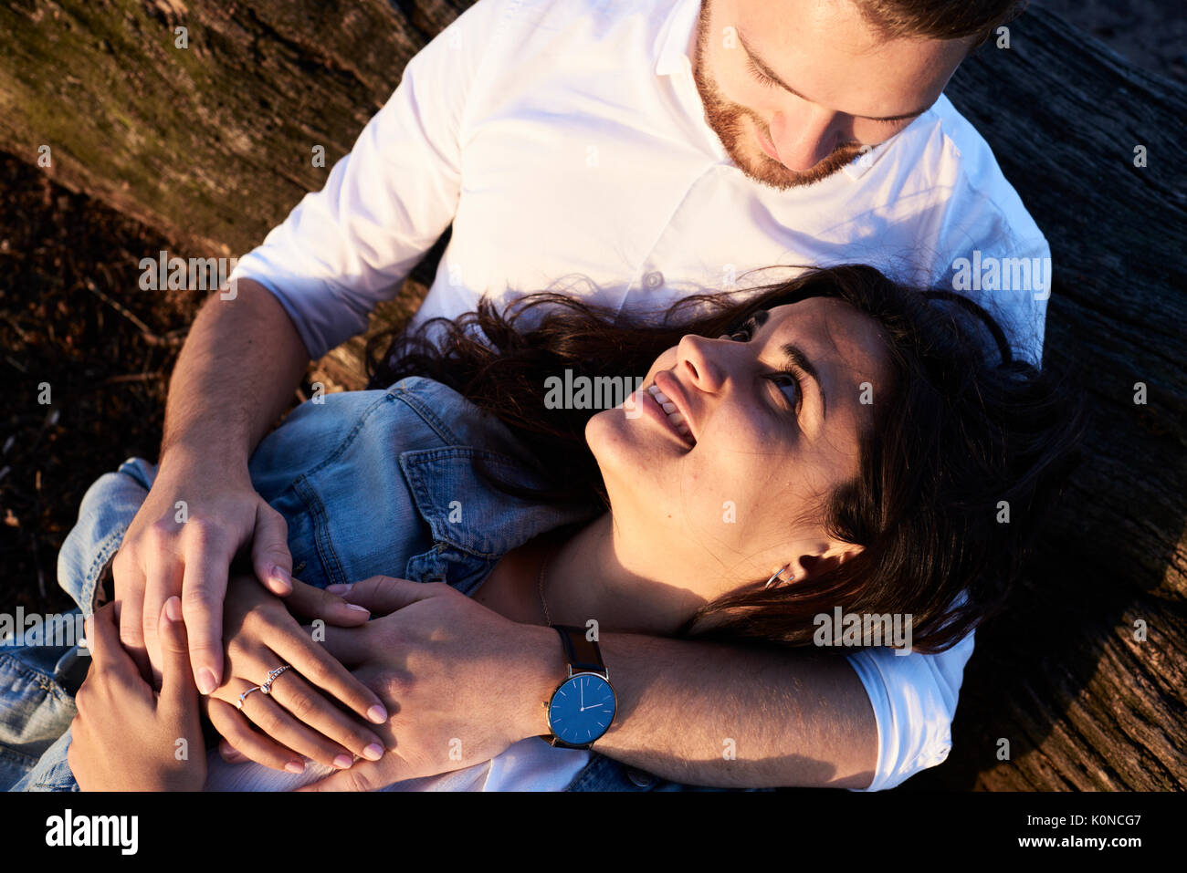 Hampstead Heath, London, UK, portrait of romantic couple in love, sunset at park Stock Photo