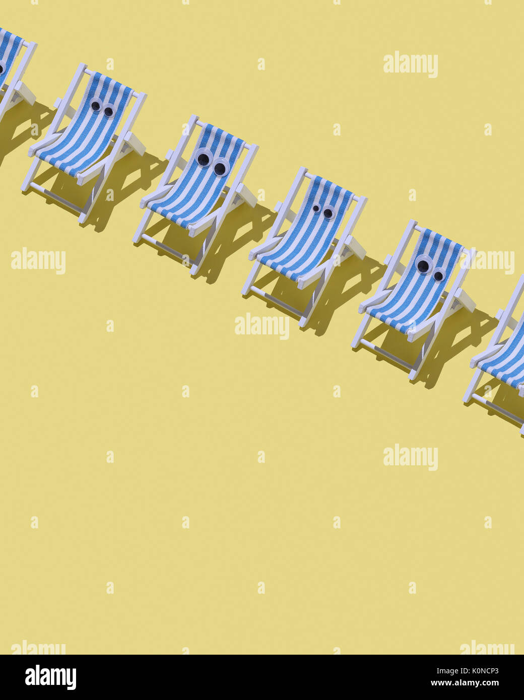 Row of beach chairs with eyes on yellow ground, 3D Rendering Stock Photo