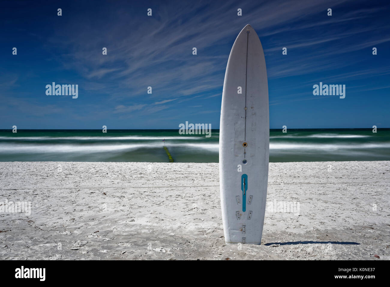 Germany, Mecklenburg-Western Pomerania, Hiddensee, Surfboard on the beach Stock Photo