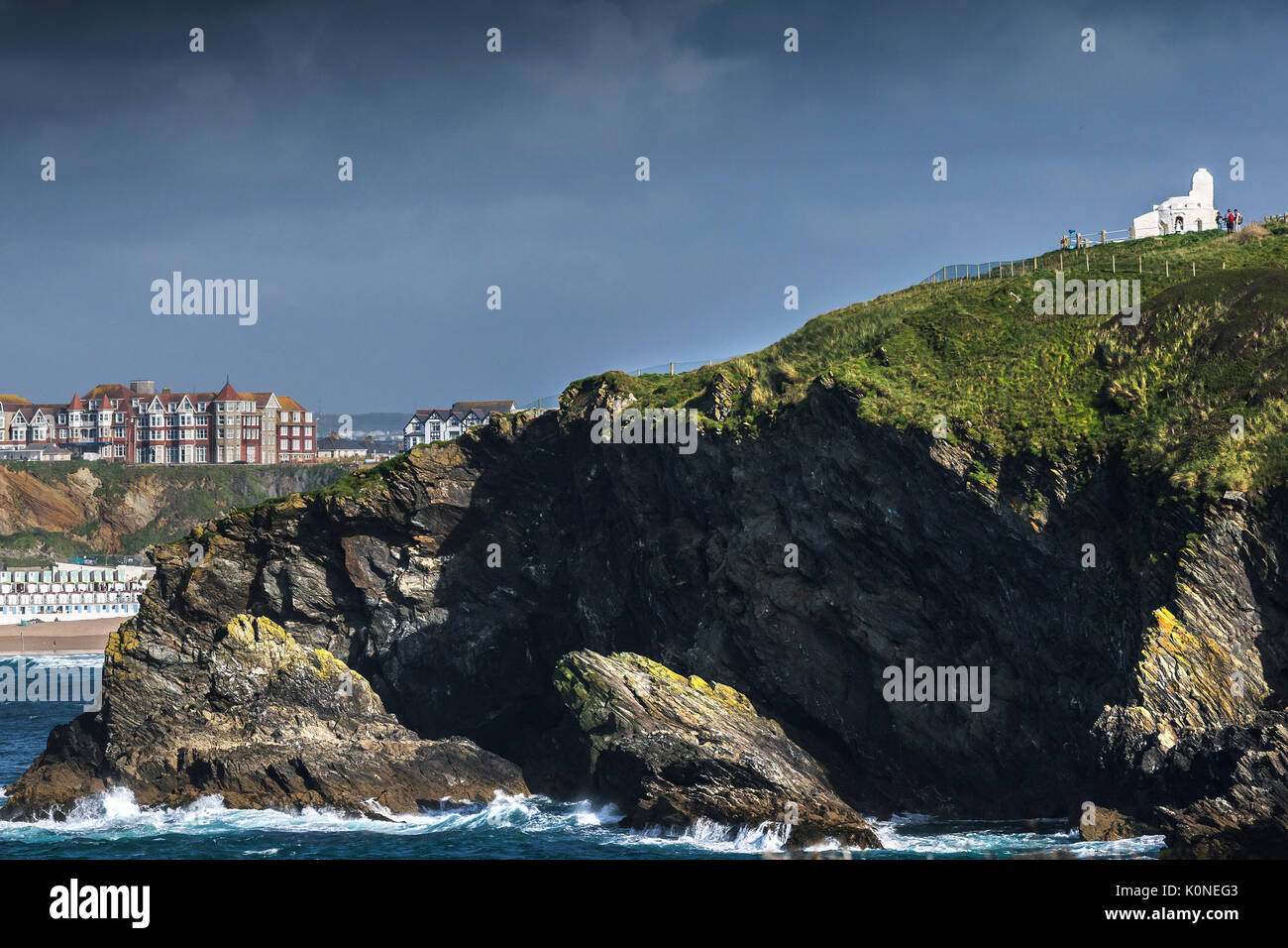 The Huers Hut a well known landmark in a prominent position on top of rugged cliffs in Newquay, Cornwall. Stock Photo