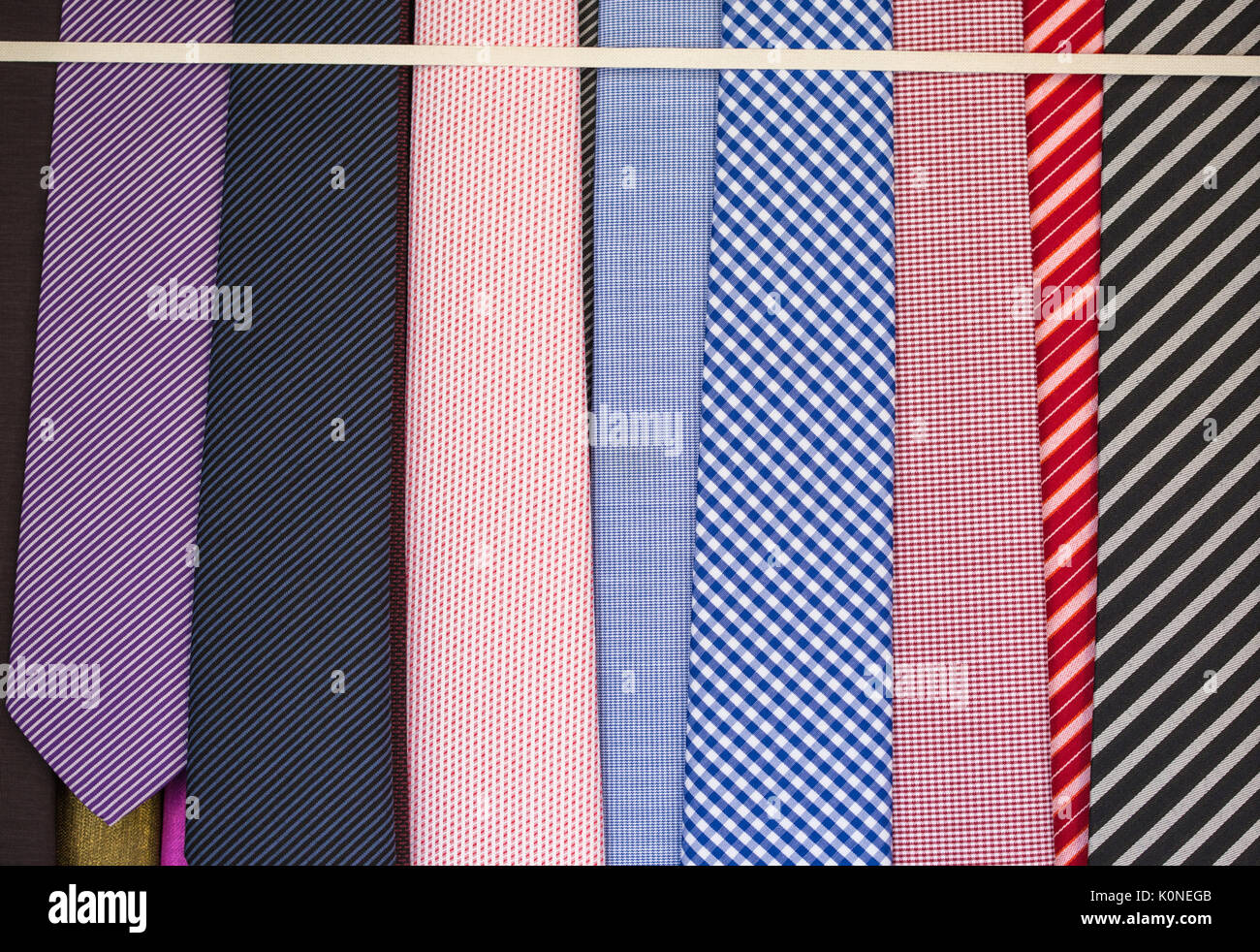 Neckties for sale at store. Collection of neckties in display Stock