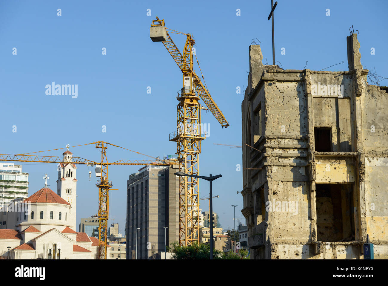 LEBANON, Beirut, war ruins , destroyed church and new church / LIBANON