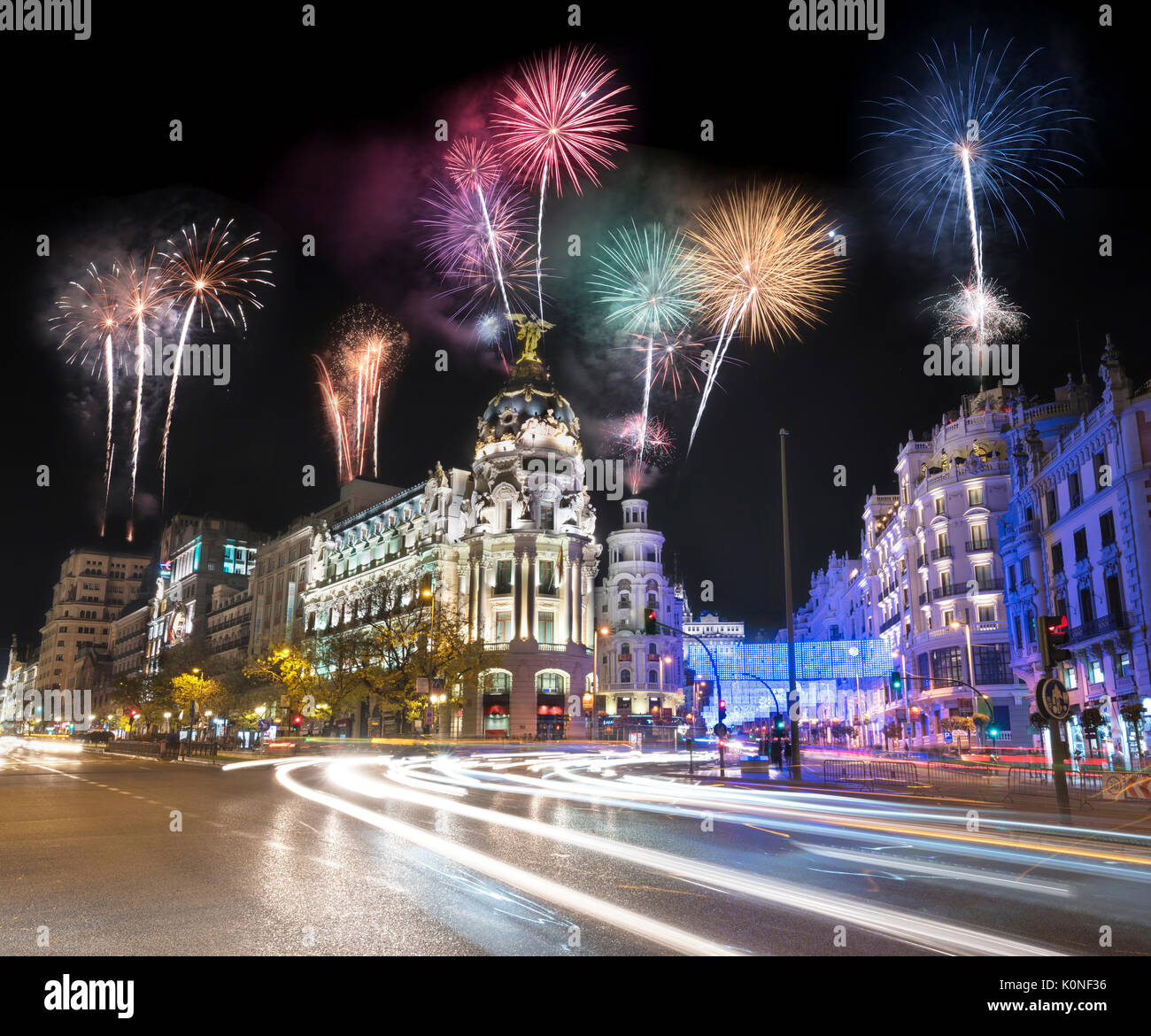Night photography of Madrid cityscape fireworks display celebration, Madrid, Spain. Stock Photo