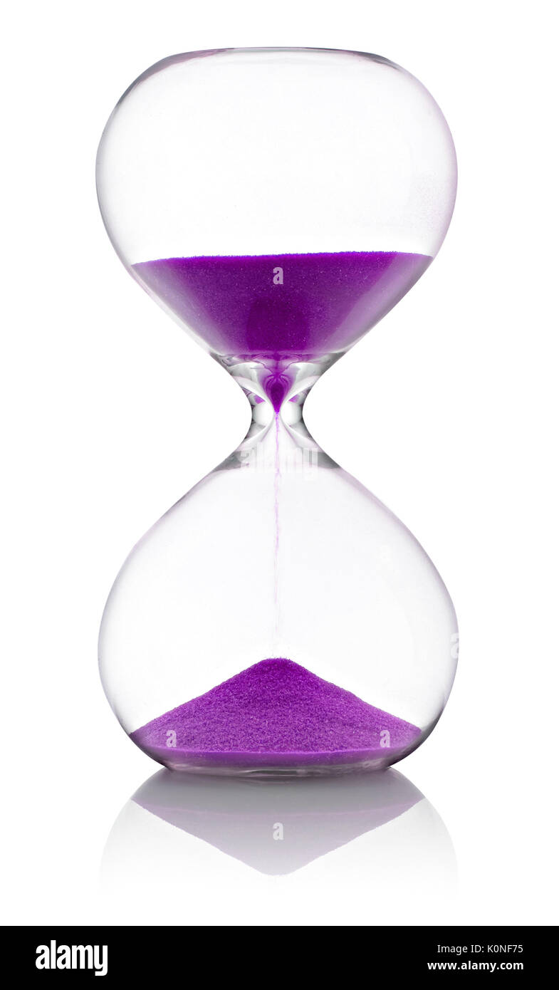 Hourglass with violet sand measuring time against white background