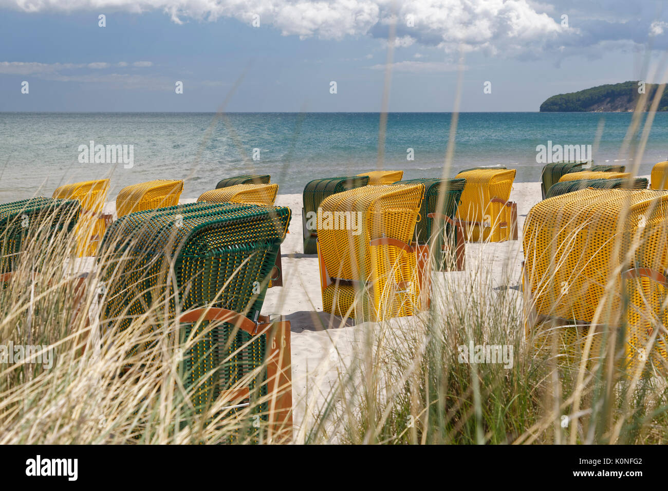 Germany, Mecklenburg-Western Pomerania, Baltic sea seaside resort Binz, Hooded beach chairs on the beach Stock Photo