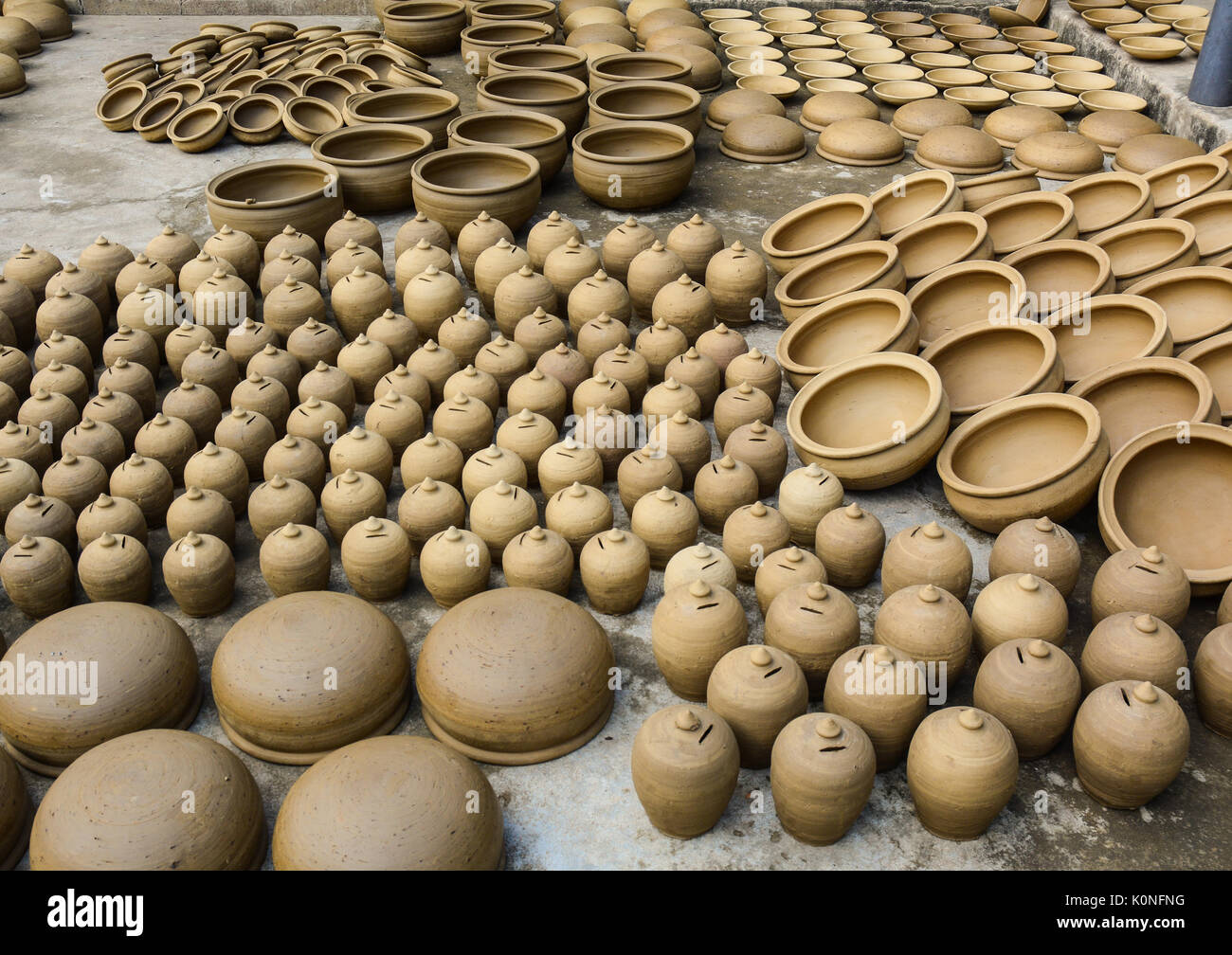Pottery products in Hoi An, Vietnam. They used clay to shape by hand