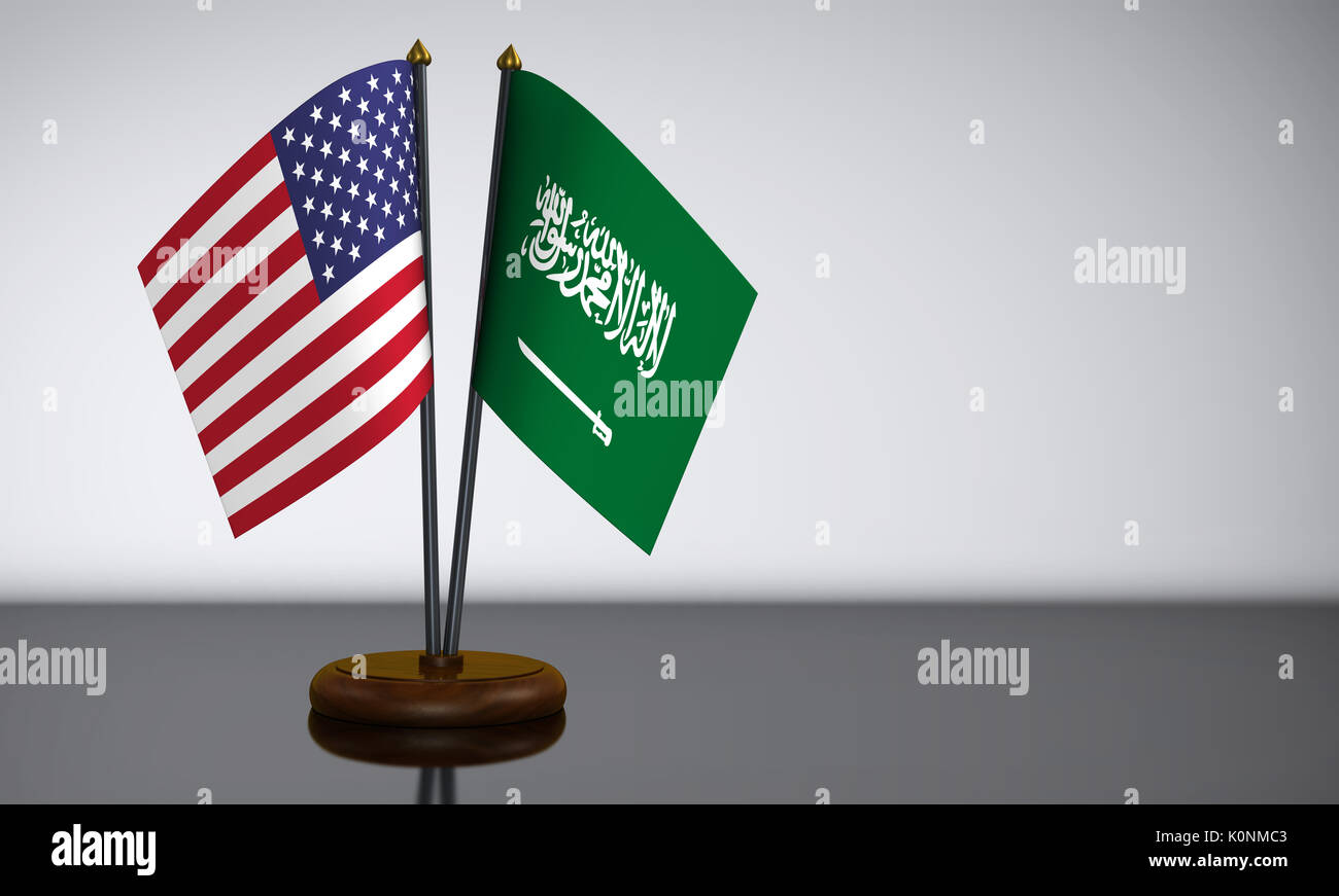 United States of America and Saudi Arabia desk flags 3D illustration. Stock Photo