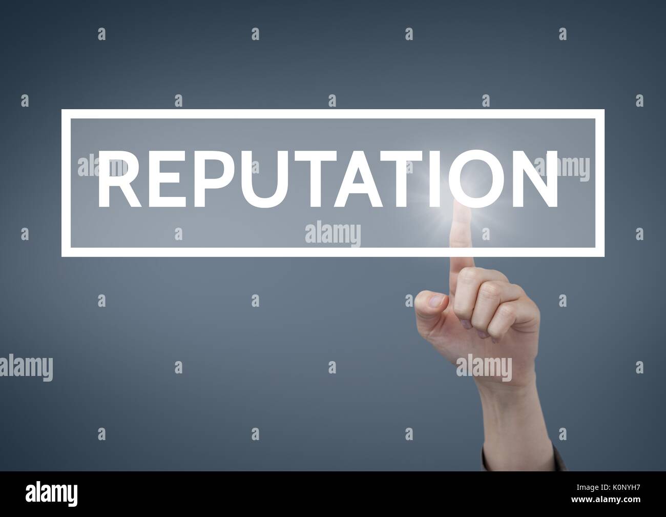 Reputation Hand Graphics Digital composite of Hand interacting with reputation business text ...