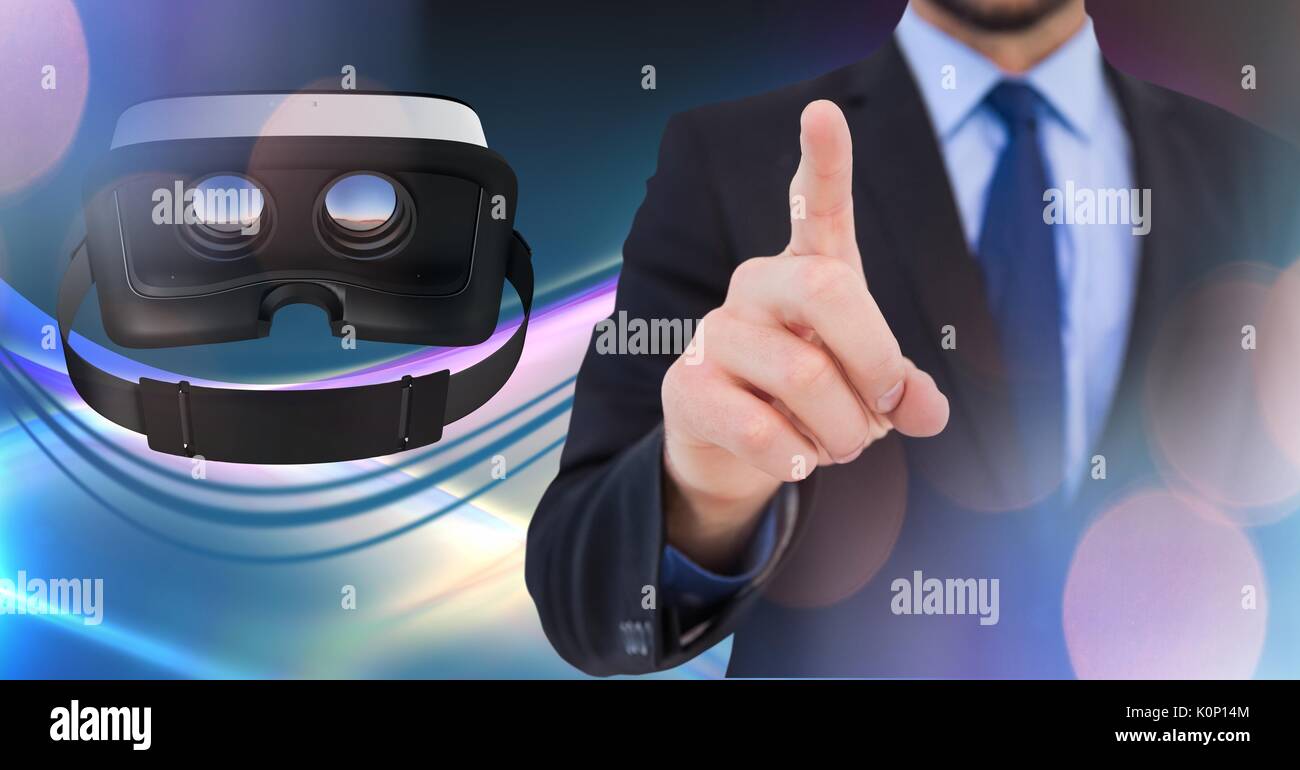 Digital composite of Man touching and interacting with virtual reality ...