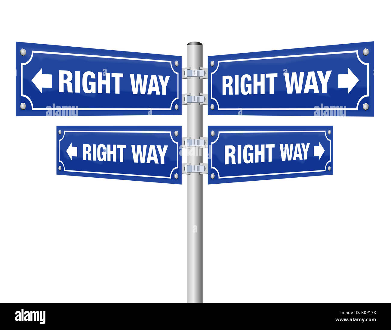 Right way guidepost showing in four different directions that lead always to the desired result as a symbol for confidence, optimism, trust, assurance Stock Photo