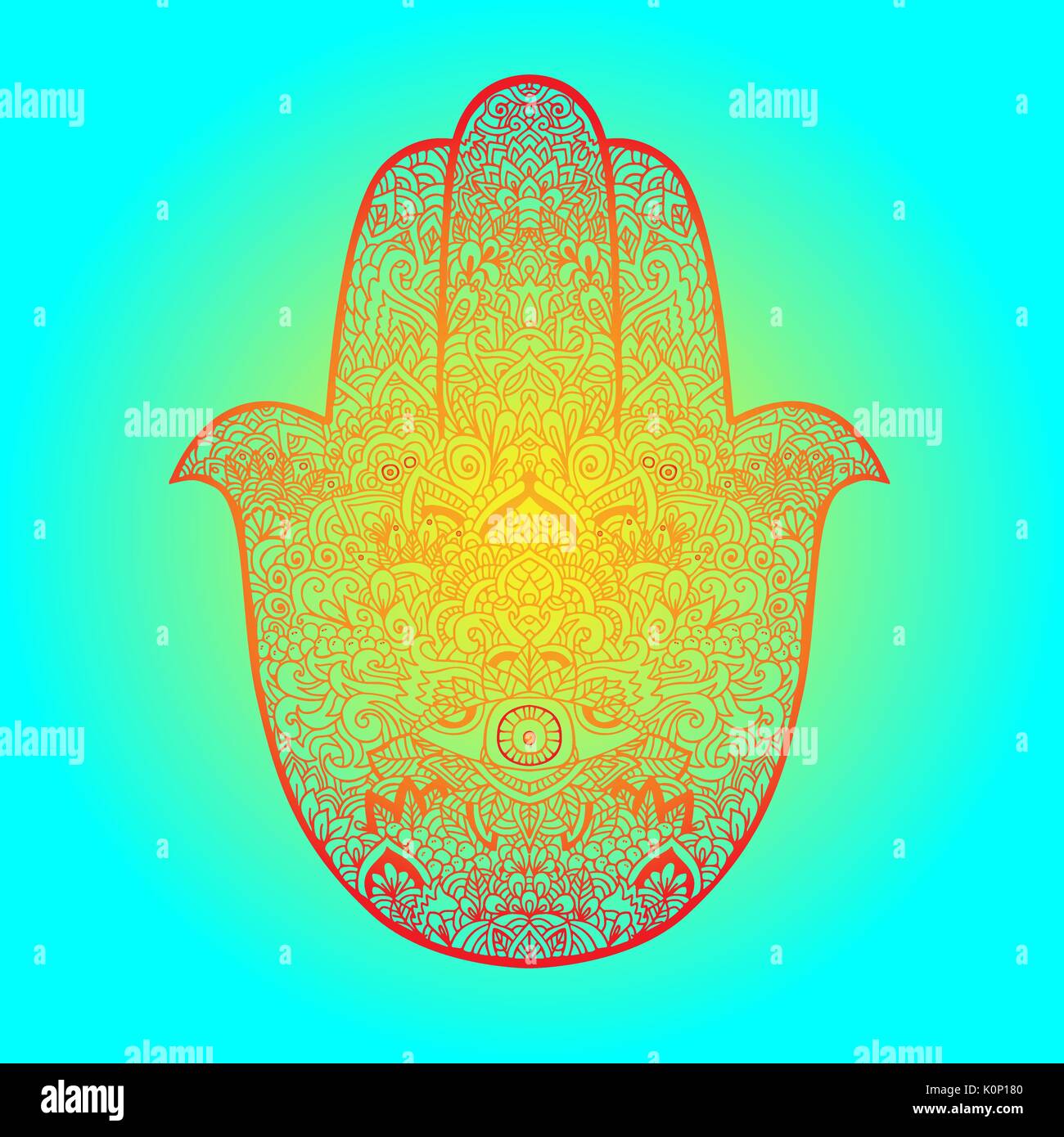 Hamsa hand drawn symbol. Fatima hand pattern. Vector illustration. Indian esoterics ornament for adult coloring books. Asian pattern. Gradient authentic background. Stock Vector