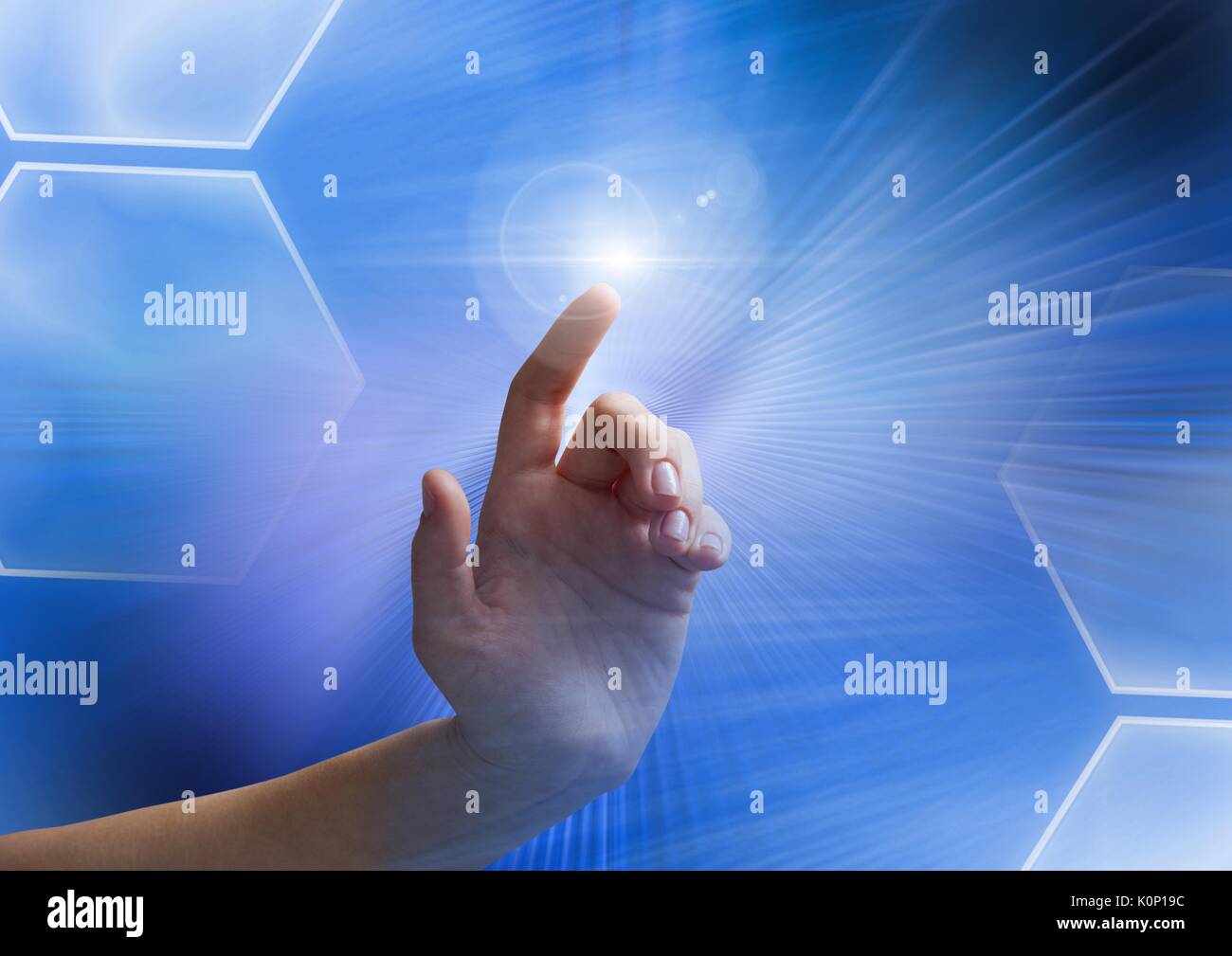 Digital composite of Hand touching and interacting with transition effect Stock Photo