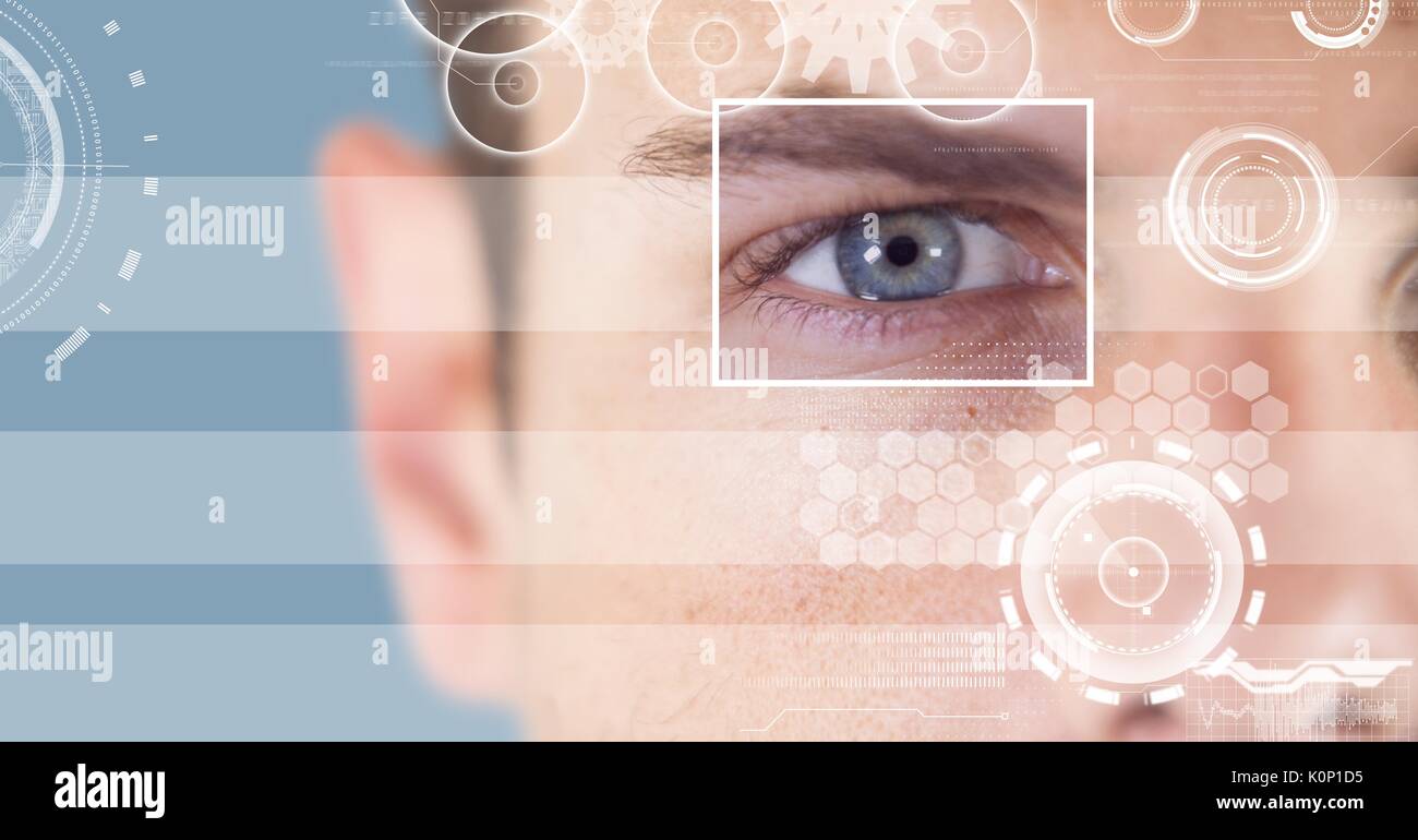 Digital composite of man with eye focus box detail and lines interface ...