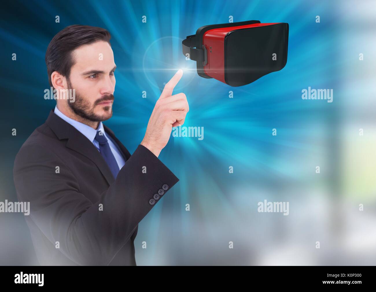 Digital composite of Man touching and interacting with virtual reality ...