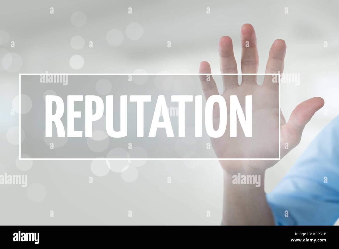 Reputation Hand Graphics Digital composite of Hand interacting with reputation business text ...