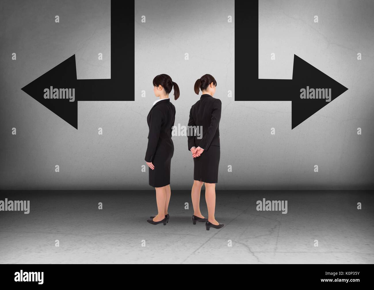 Digital composite of Left or right arrows with Businesswoman looking in