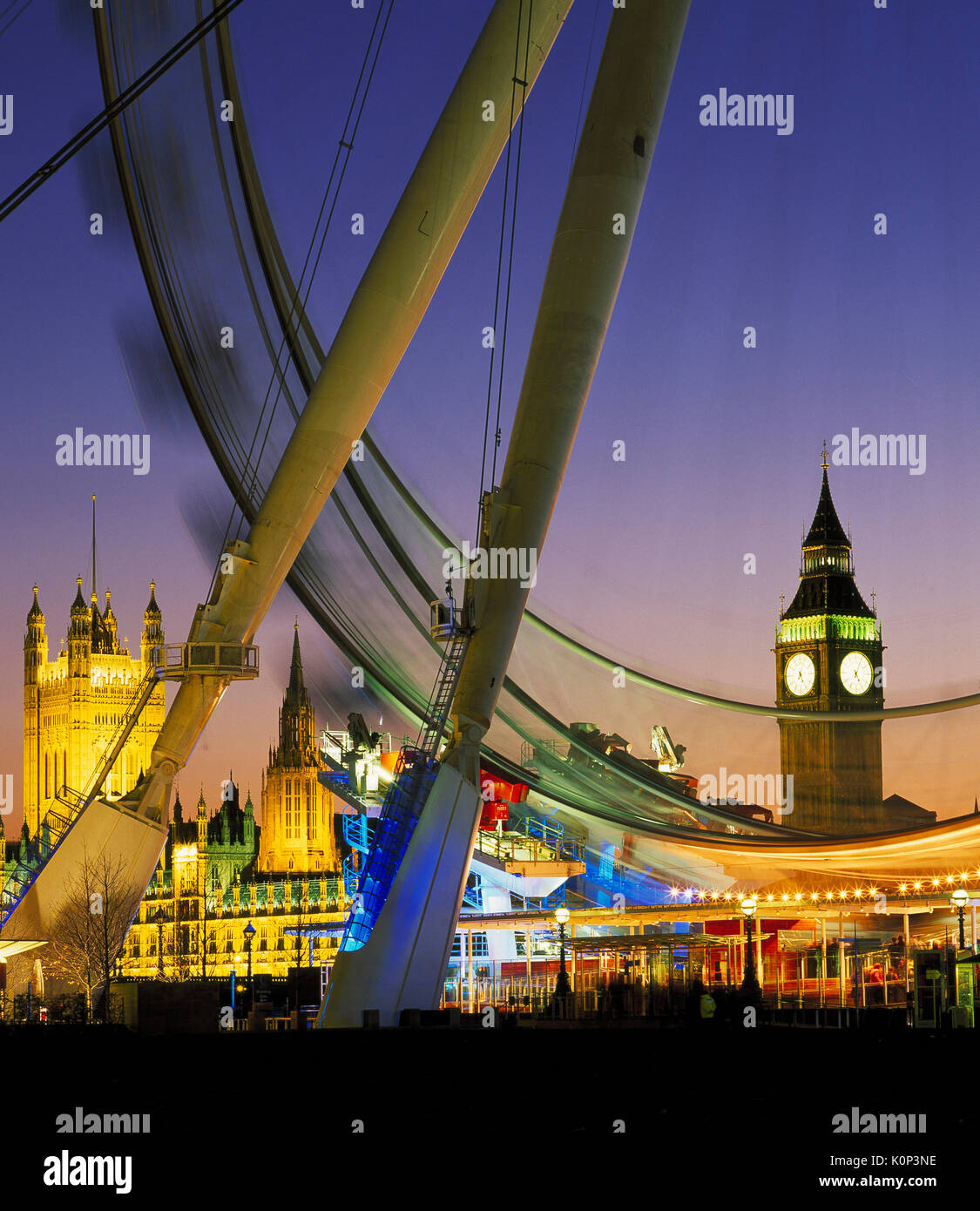 The London Eye and Houses of Parliament at dusk, London, England, UK Stock Photo