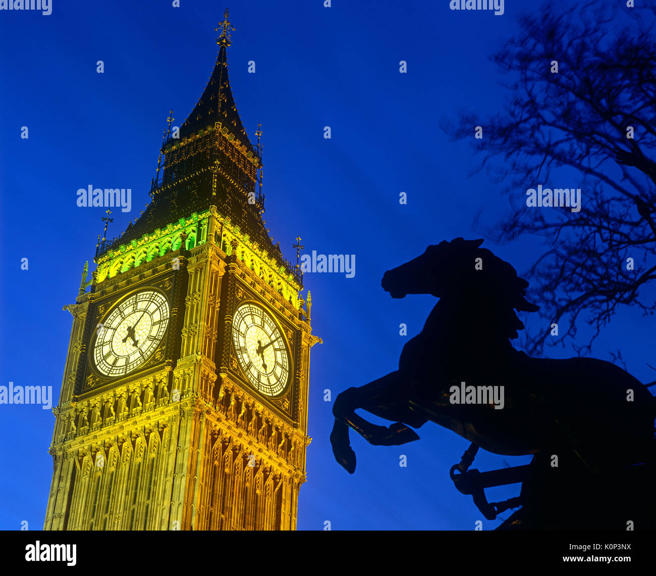 Big Ben and statue of Queen Boadicea's Horse, London, England, UK Stock Photo