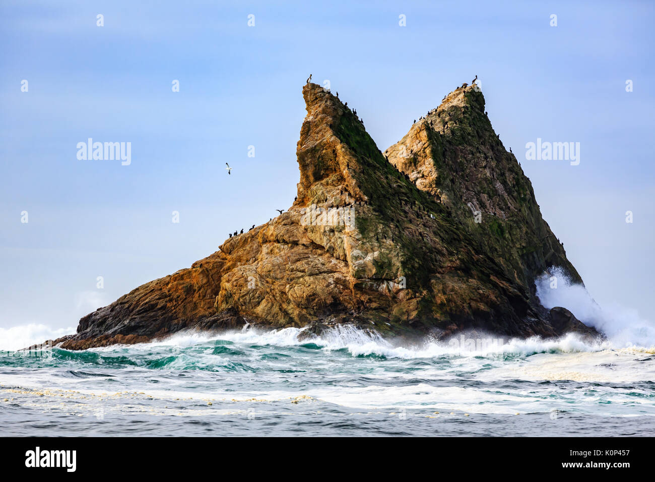 Farallon Islands sea stacks off coast of San Francisco in the Gulf of Farallon on a sunny, clear day Also known as the Devil's Teeth Stock Photo