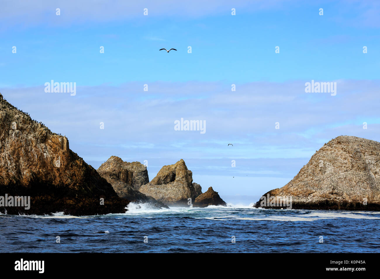 Farallon Islands sea stacks off coast of San Francisco in the Gulf of Farallon on a sunny, clear day Stock Photo