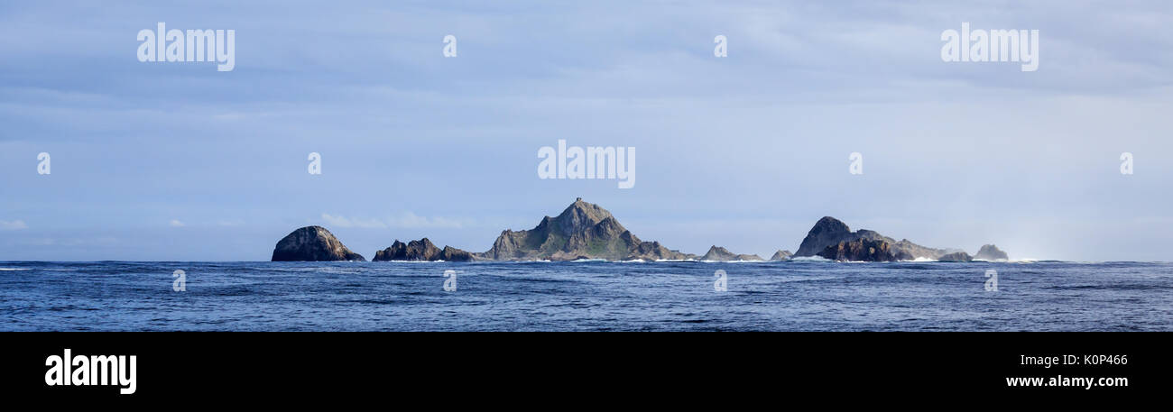 Panorama of group of  Farallon Islands sea stacks  off coast of San Francisco in the Gulf of Farallon on a sunny, clear day Stock Photo