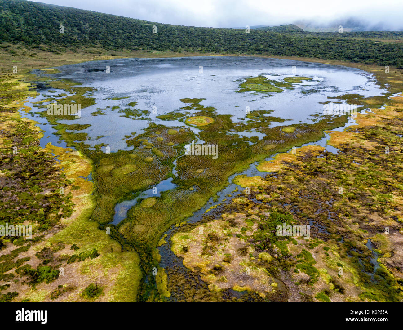 Aerial view of the Caldeira Branca lake on the island of Flores in the Azores. Stock Photo