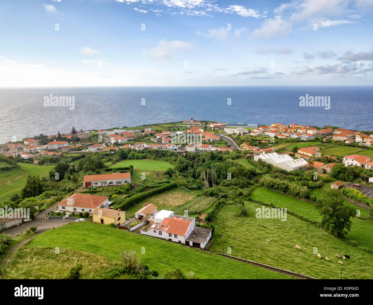 Aerial shot of the coastal town of Lajes in Flores, Azores Stock Photo