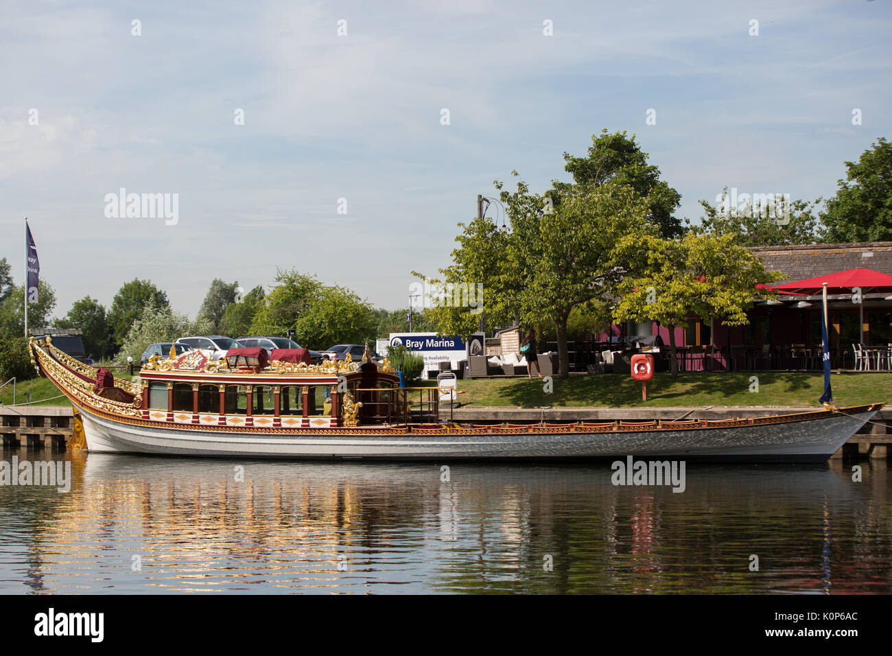 Bray, UK. 18th July, 2017. The royal barge Gloriana on the River Thames at Bray Marina. Stock Photo